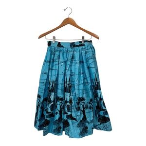 PUG Bella Gathered Skirt in Vintage Blue Fairy Tale Castle Print – M – NWT